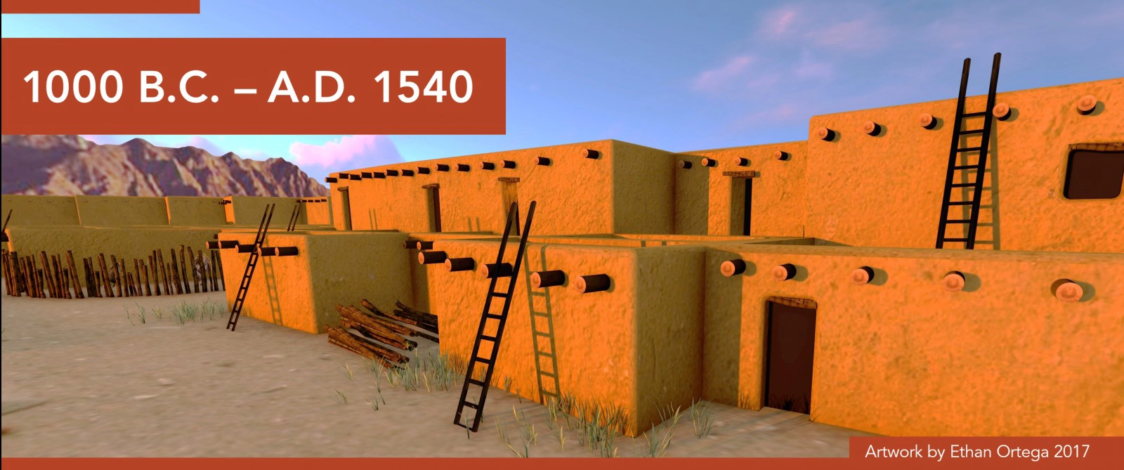 PrehistoryHeader Digital artwork by Ethan Ortega depicting a reconstructed multi-story adobe pueblo village