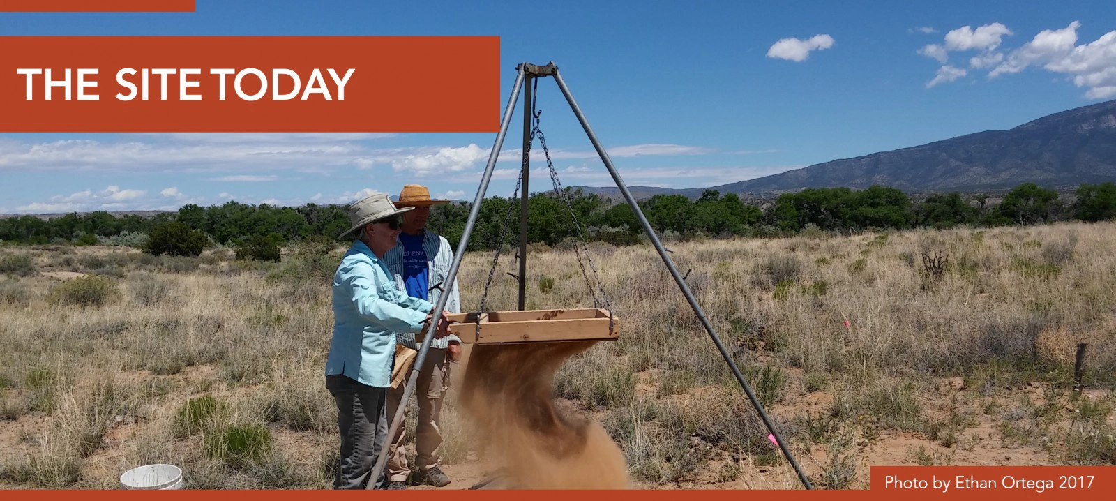 TheSiteTodayHeader Two archaeologists sifting excavated soil through a suspended screen at an active dig site at Coronado Historic Site